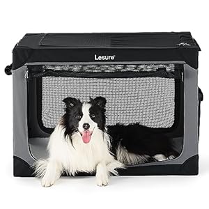 Lesure Soft Collapsible Dog Crate – 36 Inch Portable Travel Crate for Large Dogs Indoor & Outdoor, 4-Door Foldable Pet Kennel with Durable Mesh Windows, Black