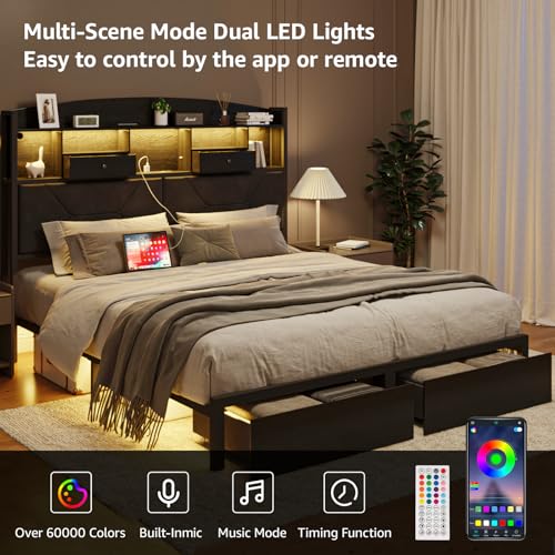 Queen Size Black Bed Frame with 4 Storage, Upholstered Velvet Platform Bed Frames with Button Tufted Headboard Led Lights, Wooden Slats Support, No Box Spring Needed, Black - Image 4