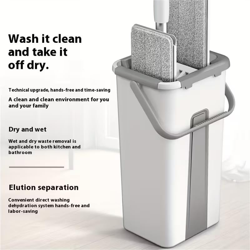 Mop and Bucket Set with AUTO Pump, 3-Zone Separate Dirty and Clean Water, Flat Mop and Bucket System with Wringer and Wheels, 2 Reusable Microfiber Pads, One-Touch Water Filling for Home Cleaning