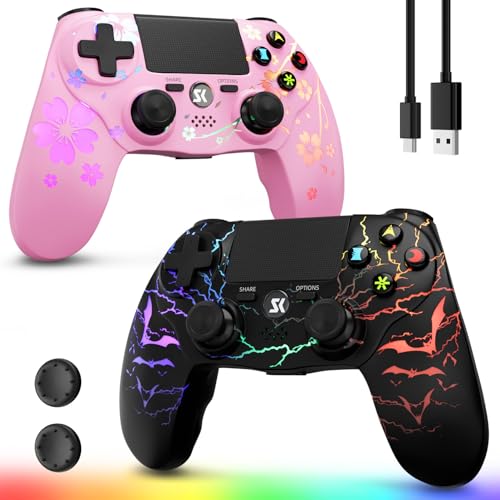 Image of Wireless Controller for PS4 2-Pack with RGB LED Modes, Gaming Remote for PS4 with1000mAh Battery /Dual Shock /6-Axis Gyro /3.5mm Audio Jack /Speaker, Gaming Controller for Playstation 4 /PS3(Pink+Black)