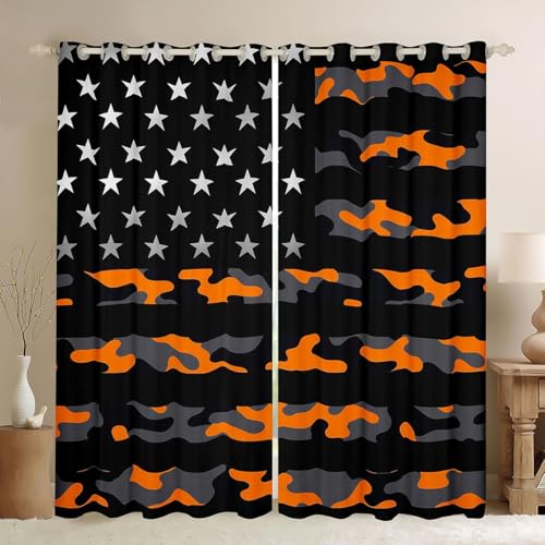Camo American Flag Curtain,Orange Grey Black Camouflage Print Window Drapes for Girls Boys Teens,Stars Stripes Flag Window Treatment Curtains for Living Room and Bedroom, 38Wx45L inch