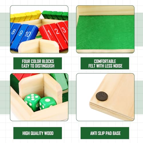 MplehDa Holz Brettspiel, 4-Spieler Shut The Box Spiel Würfelspiel Holz Mathematik Traditional Pub Board Würfelspiel Reisen 4 Spieler Great Family Brettspiele Urlaub unterhaltsames Spiel – Bild 5