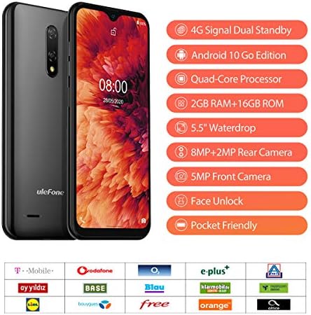 Ulefone Note 8P, Mobile Phone SIM Free Unlocked, 4G Android 10 Smartphones, 2GB RAM 16GB ROM SD 128GB, 5.5 Inch Waterdrop Full-Screen, Triple Card Slots, Dual Cameras, Face ID- Black
