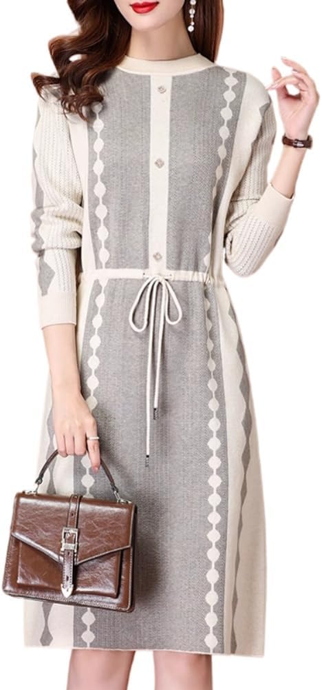 LIXINGHEITANG Style Elegant Neck - Waist Color- Knitted Skirt Sweater Dress for Women