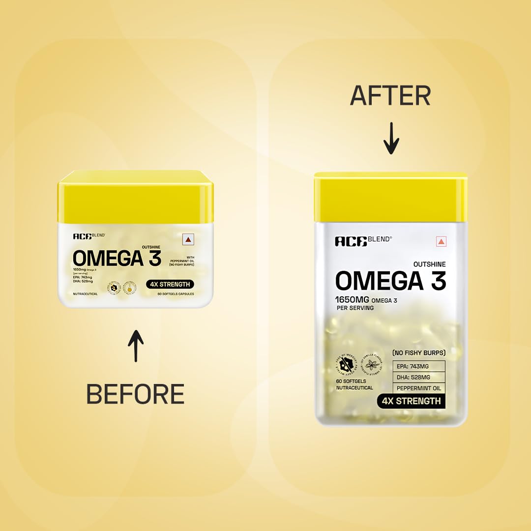 Ace Blend Outshine Omega 3 Fish Oil Capsules (60 Softgels) | 1650 Mg with 743 EPA & 528 DHA | 2 capsules for 4X Strength | No Fishy Burps | Supports Heart, Brain, Joints, Eye Health