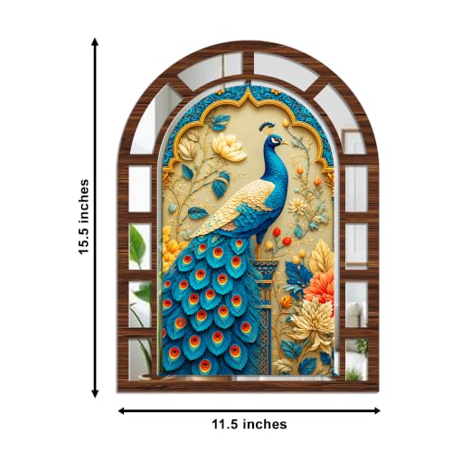Image of Artvibes Peacock & Royal Elephant Theme Wall Art Decor | Decorative Wall Jharokha Mirror for Living Room, Hall, Bedroom, Foyer, Office & Dining Room | Gift for Mom & Dad (WH 12035N), Set of 2