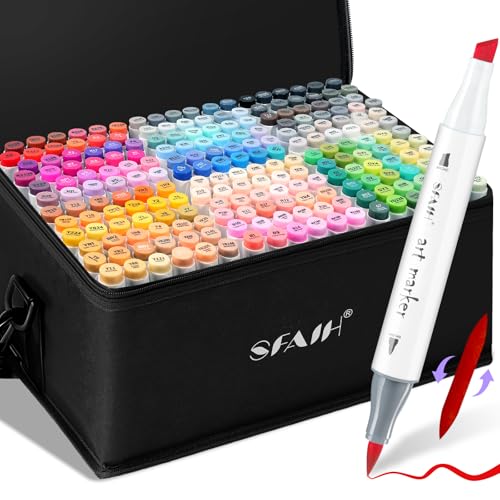 SFAIH Alcohol Markers Brush & Chisel - 216 Colors Double Tipped Art Markers for Adult Coloring Illustration Gifts for Artist Adult - Adjustable Shoulder Strap & Faux Leather Lining & Outer Zip Pocket