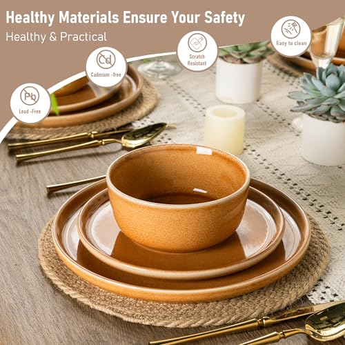 Image of GBHOME Ceramic Dinnerware Sets for 4, 12 Pieces Stoneware Plates and Bowls Sets, Scratch Resistant Dishes, Dishwasher & Microwave Safe, Reactive Glaze-Amber