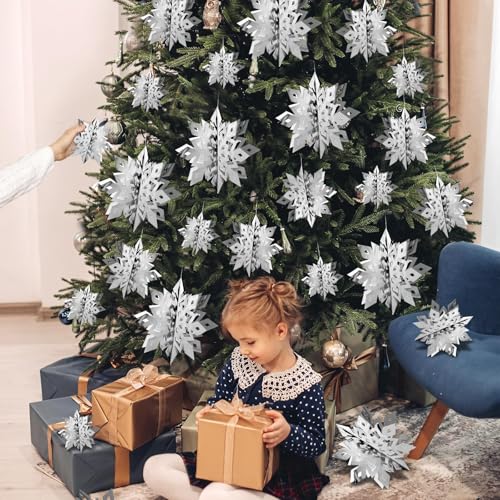 Image of OuMuaMua Christmas Snowflake Decorations Indoor, 24PCS 3D Silver Hanging Snowflakes Garland for Winter Wonderland Decor Xmas Christmas Party Baby Shower Holiday Home Decorations