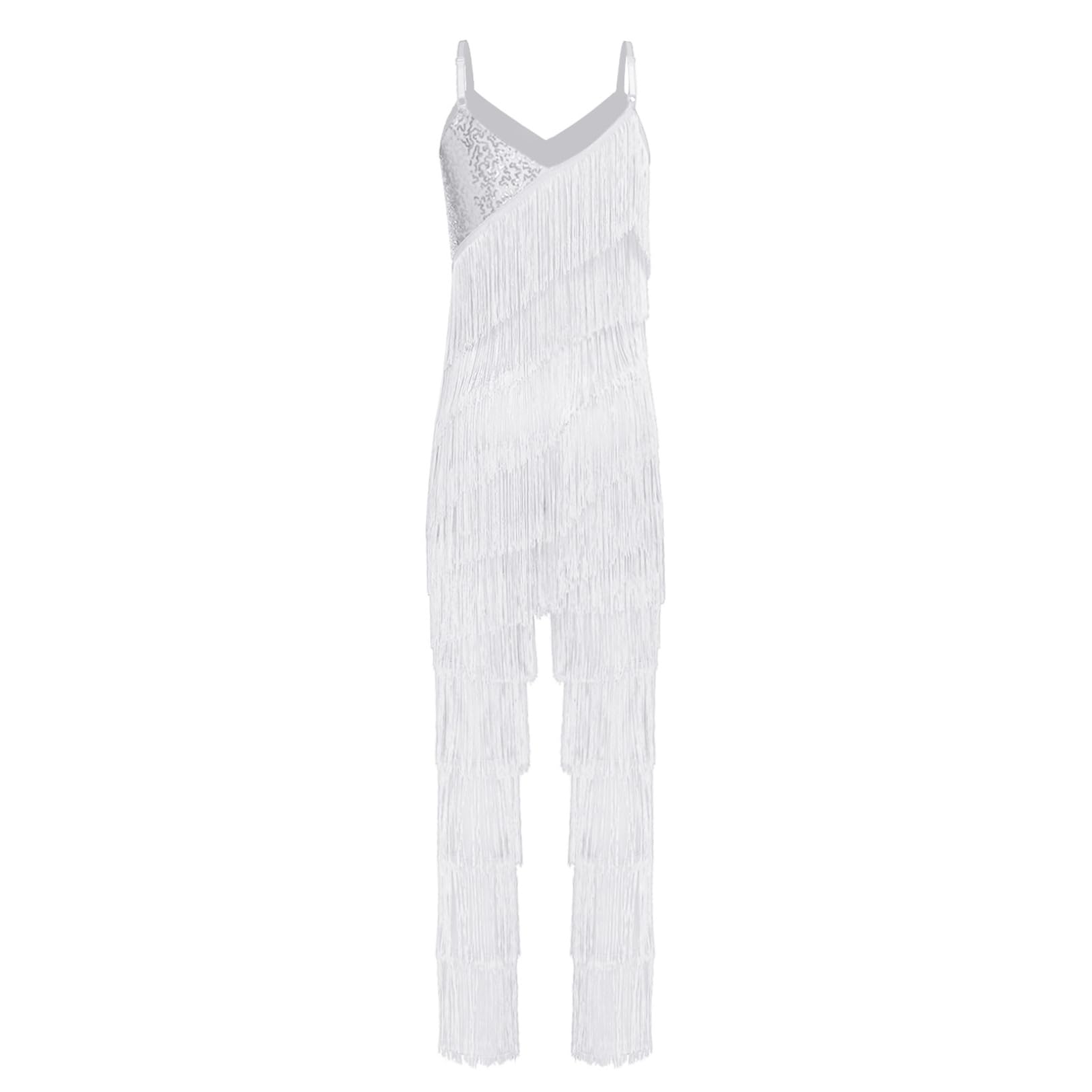 renvena Mono largo para mujer, con flecos, sin mangas, con purpurina, para bailar, competición, danza, outfi