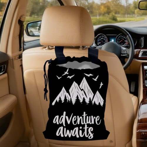 Adventure Awaits Car Trash Bag,Mountain Forest Strap Drawstring Car Garbage Bags,Car Back Seat Organizer with Adjustable Buckle for Car Accessories