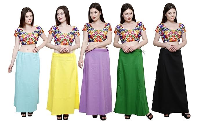 Image of Vlazom Women's Cotton Saree Petticoat - Pack of 5 Inskirts | Soft & Breathable Underskirts | Adjustable Drawstring Waist | Multicolor for Daily & Occasion Wear