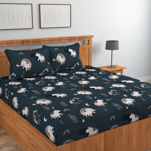 Image of NEW LEAF Cotton Flat Double Bedsheets with 2 Pillow Covers | Double Bed Breathable | Wrinklefree | Ultrasoft |Summer Bedsheet 200 to 220 tc Floral | 90 x 90 inches, Floral Navy Blue