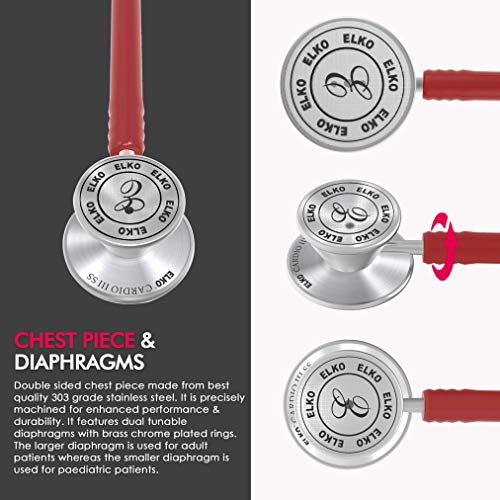 Image of ELKO EL-060 CARDIO III SS Stainless Steel Acoustic Stethoscope | Two-Way PVC Tubing | Double Sided Chestpiece For Adult & Pediatric Patient | Doctors & Medical Students (Red)