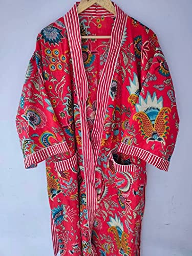 Red Floral Kimono Cardigan Front Shirt Open Indian Handmade Handblock Print Kimono Bath Robes Maternity Beach Wear Cotton Kimonos Linen By Ranjanacraft., Multi #TOP2
