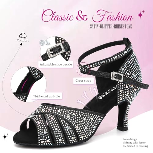 SWDZM Women Rhinestone Ballroom Dance Shoes Latin Salsa Performance Dancing Shoes3