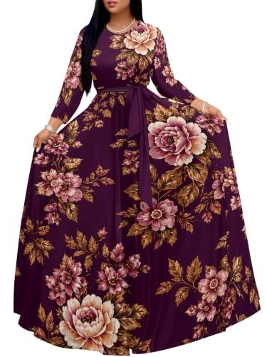 Image of Women Plus Size Long Sleeve V Neck Maxi Dress with Belt | Soft fabric relaxed fit three quarter sleeve v neck with pockets for party and daily wear