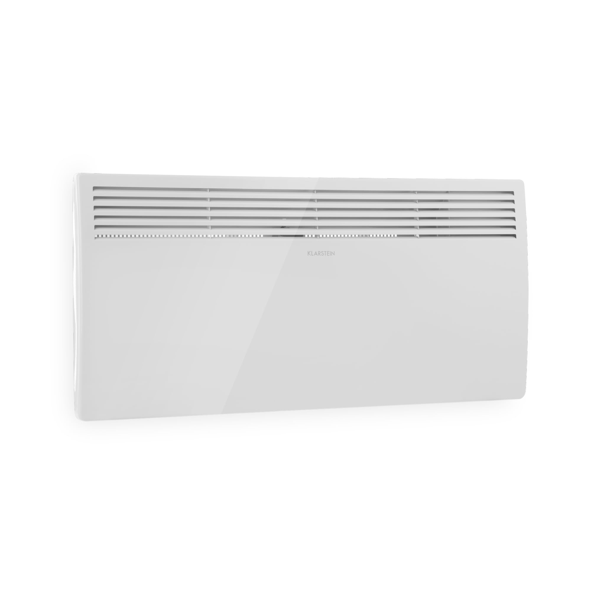 Klarstein Hot Spot Slimcurve - Stufa a Parete, Riscaldatore con Termostato, Stanze fino a 40 m², 80 x 40 cm, 1000/2000 Watt, Temperatura Impostabile da 5 a 40 °C, Bianco Fumo