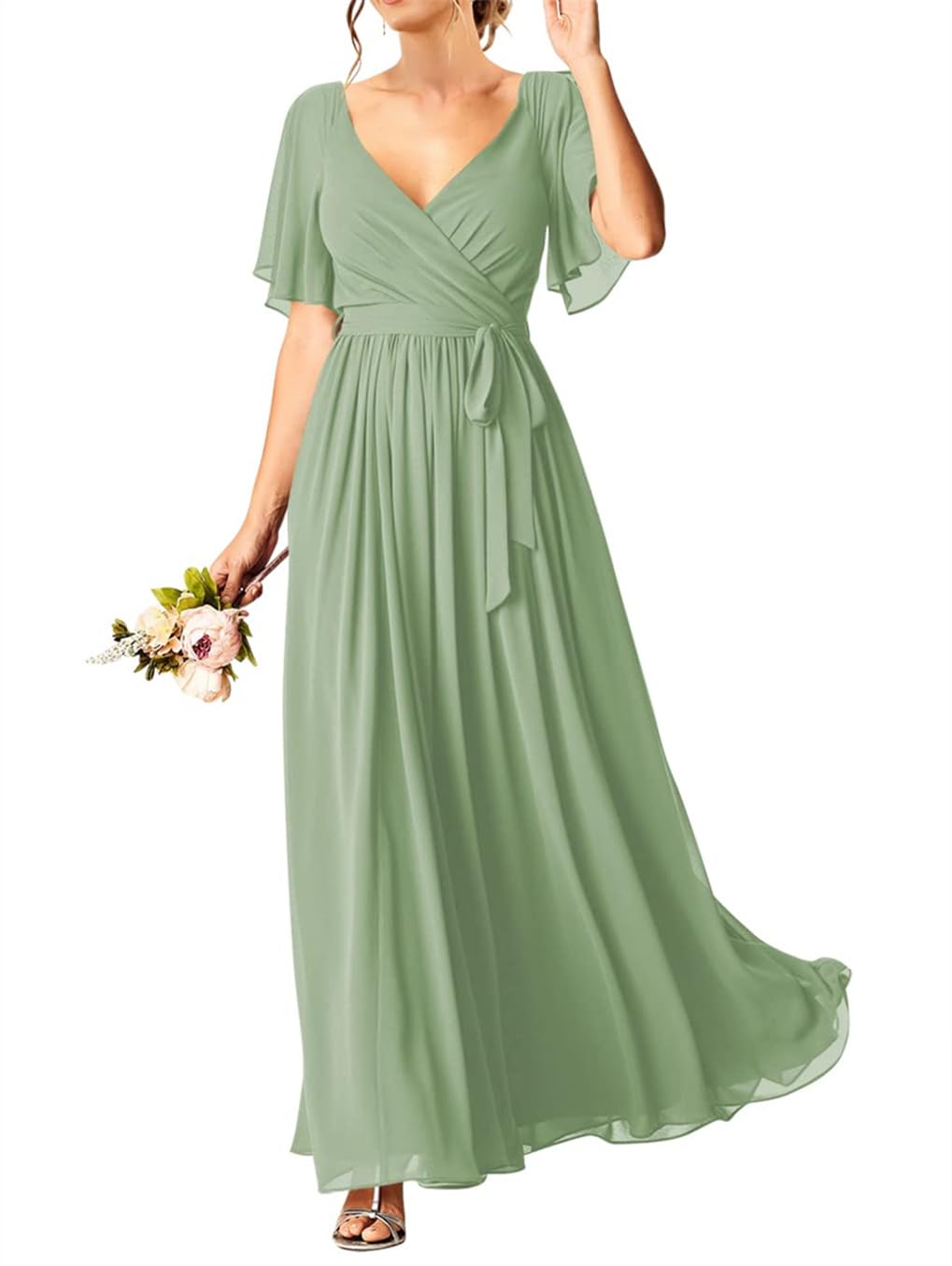 Hppee Women's Dusty Sage Short Sleeve Maid Of Honor Gowns Elegant Ruched Plus Size A Line Wedding Guests Dress For Juniors With Pockets Uk22