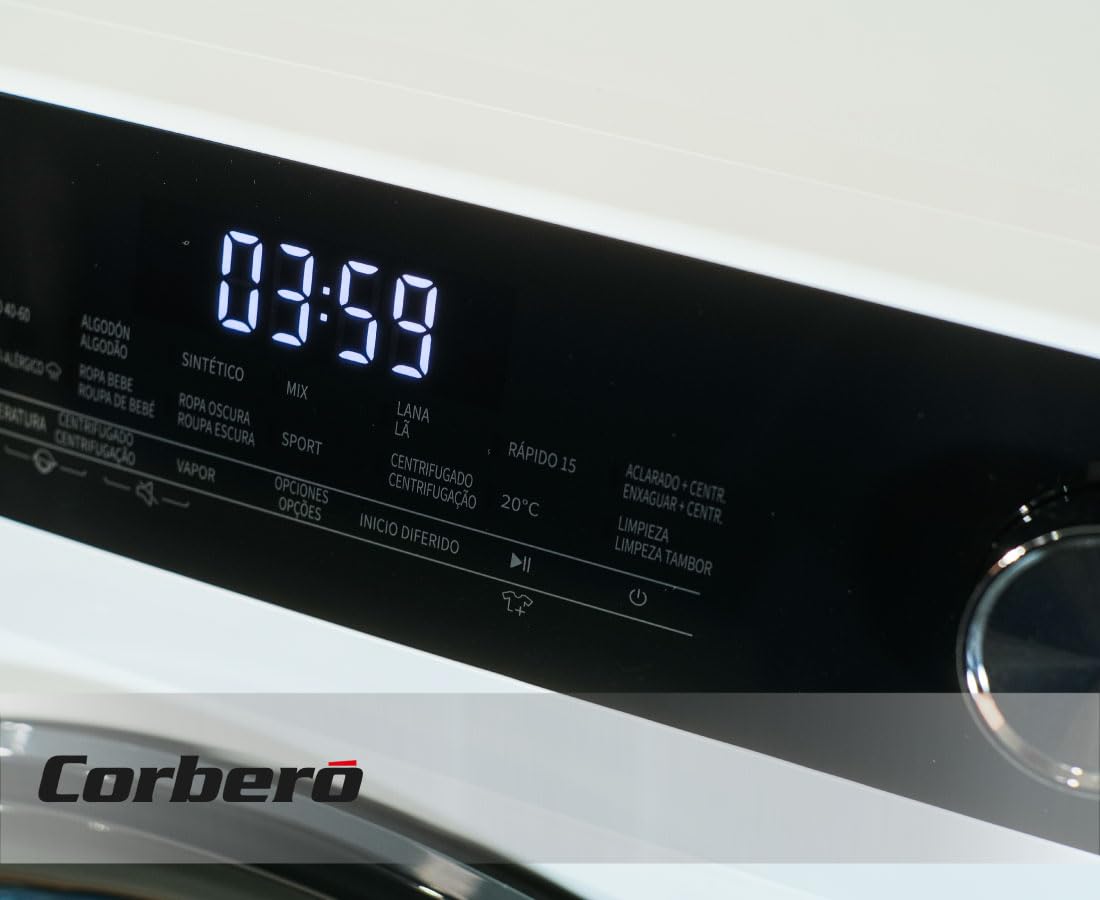 Corberó - Lavadora Carga Frontal | CLH7404MK | 7 Kg | 1400 Rpm | Motor Inverter | 15 Programas | Vapor | Lavado Jet | Inicio Diferido | Puerta XXL | Blanco