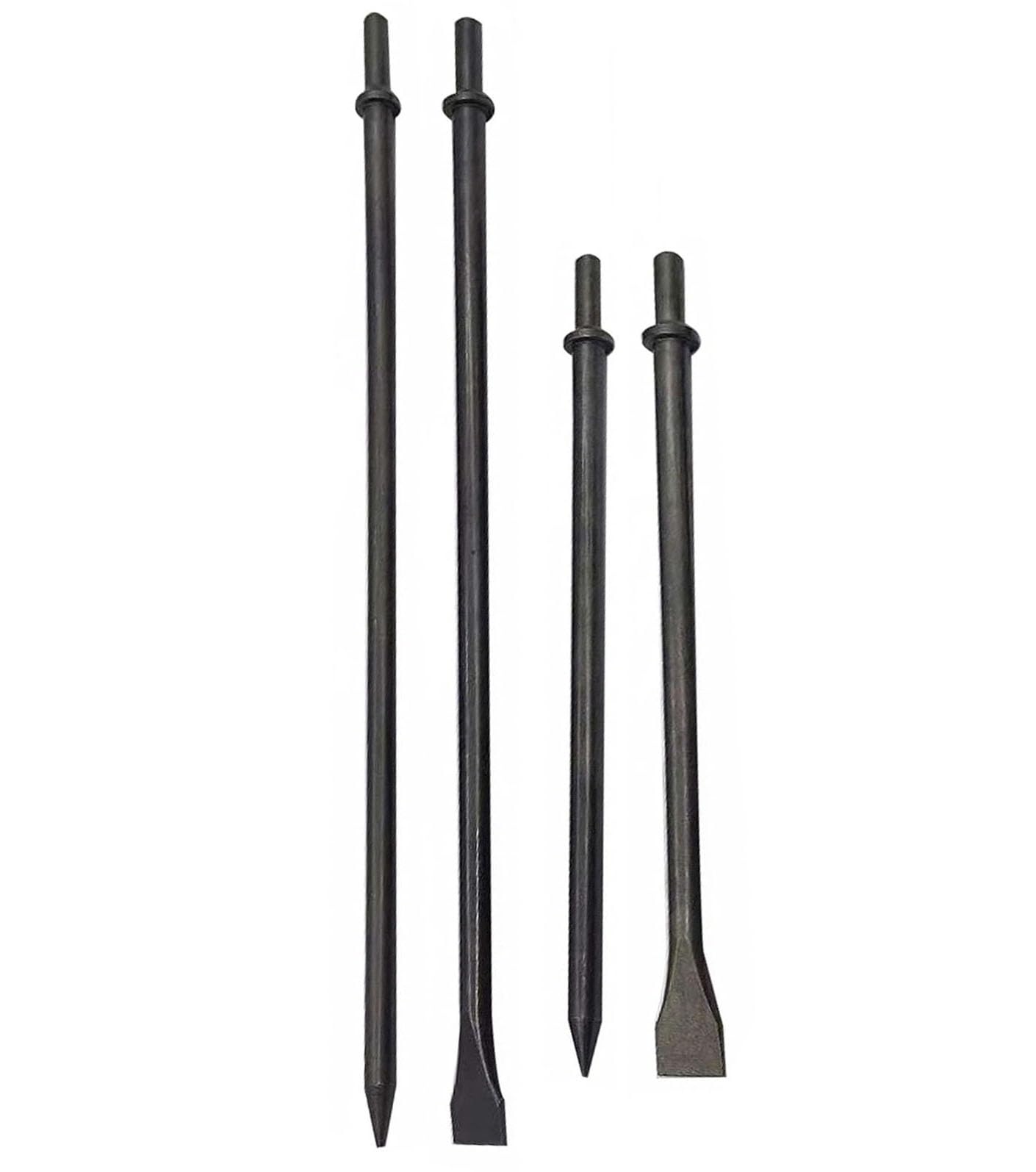 Druckluft-Schlagmeißel, 350 mm und 450 mm lang, inklusive Flach- und Spitzmeißel mit rundem Kragen für Beton und Fliesen (4er-Pack)