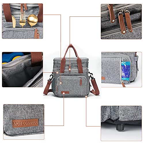 Mov Compra Movcompra Adult Insulated Lunch Box For Work, Expandable Large Lunch Bags For Women Men, Leakproof Double Deck Lunch Box Cooler Tote Bag With Removable Shoulder Strap (Grey) #TOP2