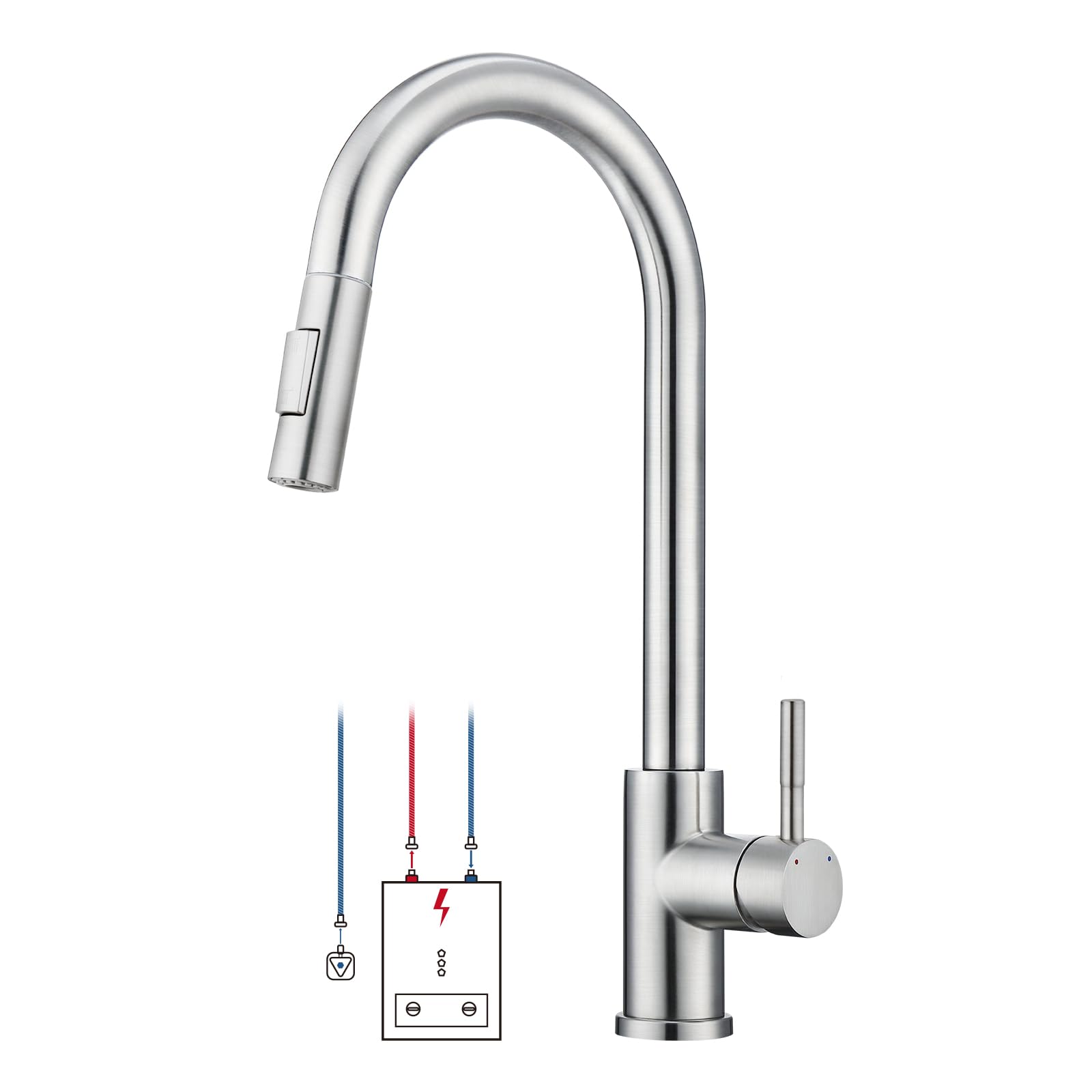 BONADE Niederdruck Armatur Küche, 360° Drehung Wasserhahn Küche mit Ausziehbare Brause, Küchenarmatur mit 3 Anschlüsse, Zwei Wasserstrahlarten Armatur Küche, Mischbatterie Küche für Boiler Gebürst