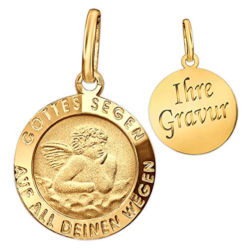 CLEVER SCHMUCK Set mit Gravur: Goldener Mini Anhänger Ø 13 mm Schutzengel GOTTES SEGEN AUF ALL DEINEN WEGEN 333 GOLD 8 KARAT Rückseite inklusive Gravur