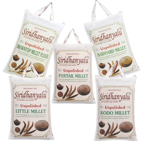 Image of SIRIDHANYALU Little, Foxtail, Kodo, Barnyard & Browntop Millets - Each Millet 900 g | Gwt 5 kg | New Technology Rock-Hard Vacuum-Sealed Pack