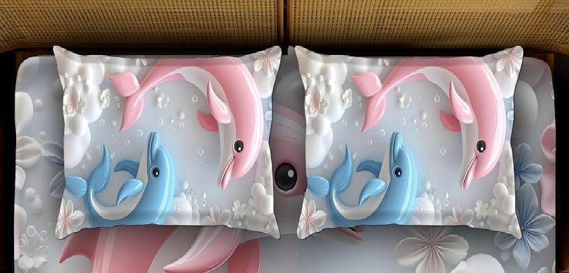Image of Amazon Brand - Umi 7D Flat Bedsheet Sheet Set, Blue and White Floral Design, Decorative Bedding with Daisy Pattern, Kids Room Decor, 90X100 Inch (Fish)