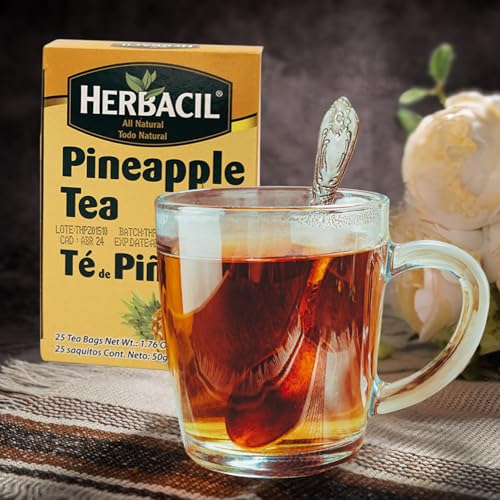 Image of Herbacil Pineapple Tea, Herbal Blend with Dehydrated Pineapple Fruit, Caffeine-Free, All Natural, 2-Pack of 25 bags per box (50 Tea Bags), 1.76 oz Each