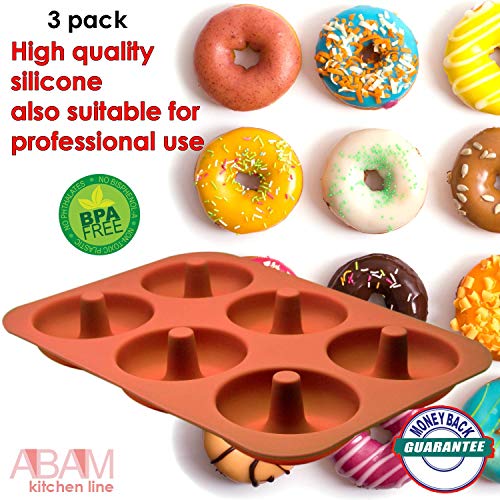 Abam Professional Premium Silicone Donut Pan 3-Pack – Non Stick Reusable Doughnut Pans For Baking With 6 Slots – Microwave, Freezer & Dishwasher Safe Silicon Molds #TOP3
