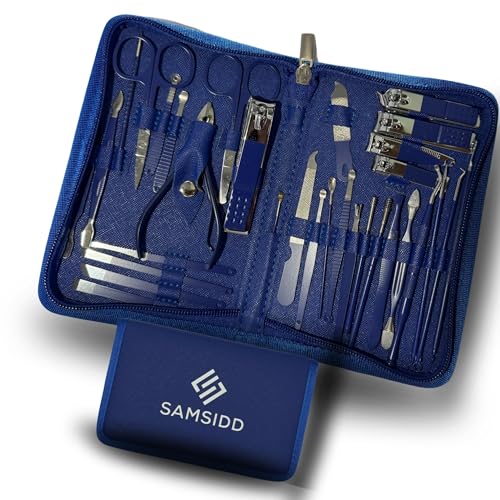 SAMSIDD Manicure Set 32 in 1 Professional Pedicure Nail Care Tools,Nail Case For men And Women,Stainless Steel Grooming Kit For Travel And Home Ideal Nail Clippers with FREE SURPRISE BOX £10 (Blue)
