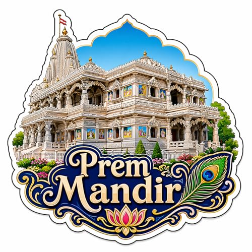 Image of Prem Mandir Theme Wooden Fridge Magnet Souvenir | 3x3 in Kitchen Home Decor Gift