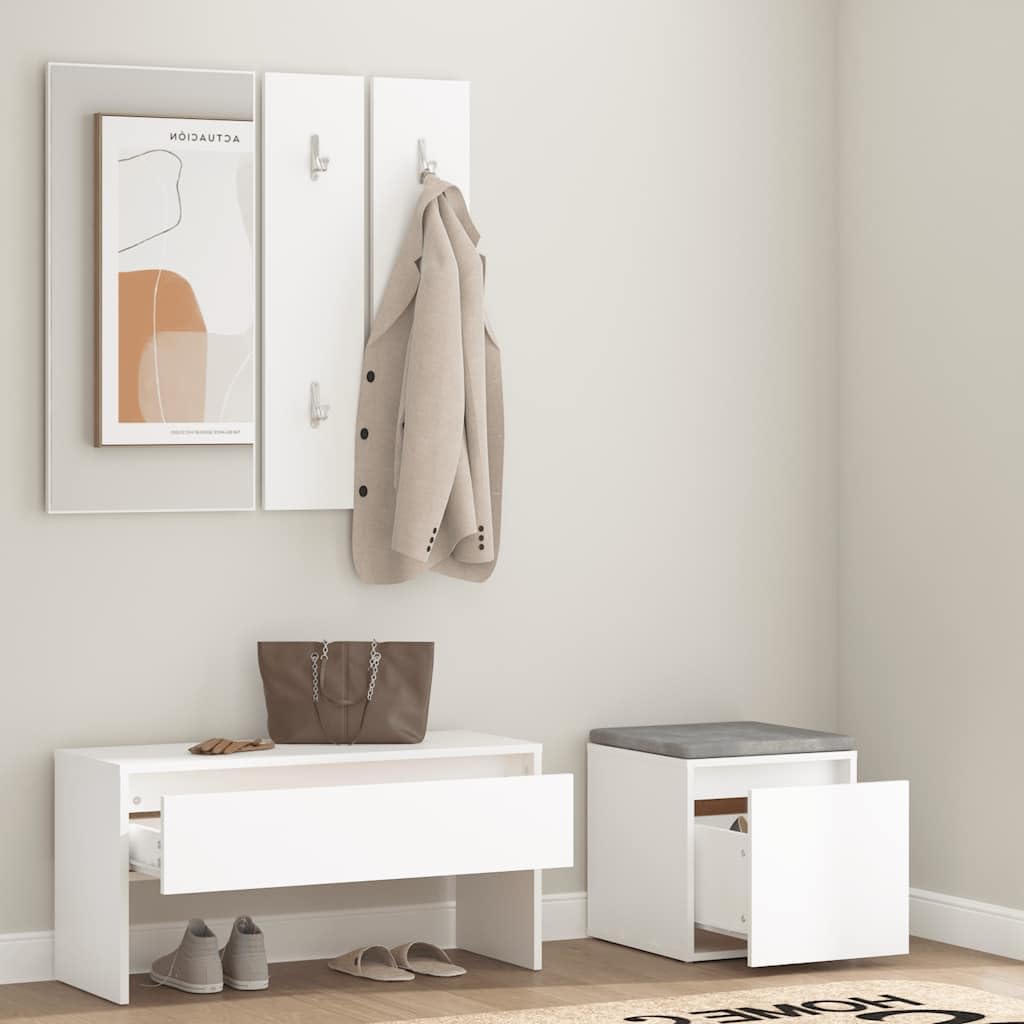 Ensemble de Meubles de Couloir Blanc en Bois d'ingénierie avec Miroir Grand, Panneau Porte-Manteaux, tiroir de Rangement, Banc Coffre, Chaise, Meuble Pratique pour entrée Chambre Salon