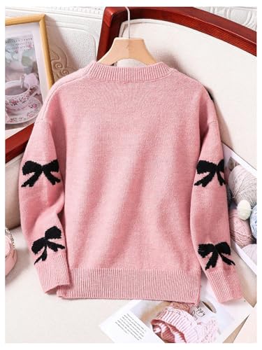 Image of BEAUDRM Girl's Cute Bow Sweater Crew Neck Long Sleeve Drop Shoulder Loose Pullover Tops