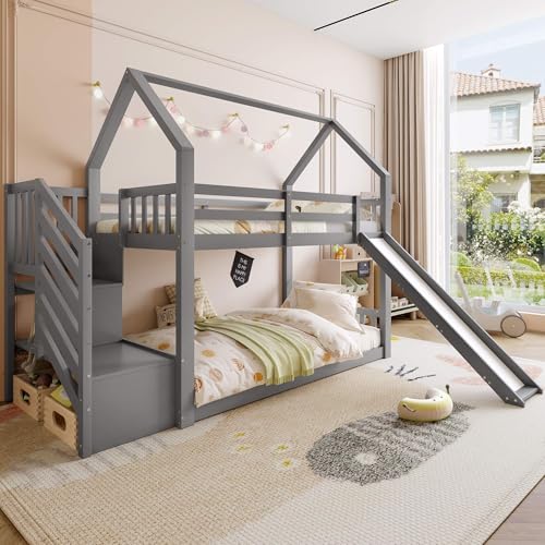HYUB Etagenbett Kinderbett 90x200 cm mit Rutsche und Stauraumtreppe, Stockbett mit Lattenrost und Rausfallschutz, Bettgestell aus Kiefernholz,...