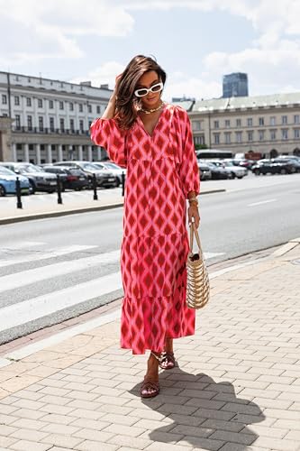 Image of miduo Womens Loose Fit Casual Summer V Neck Half Sleeve Bohemian Geometric Pattern Maxi Long Dresses