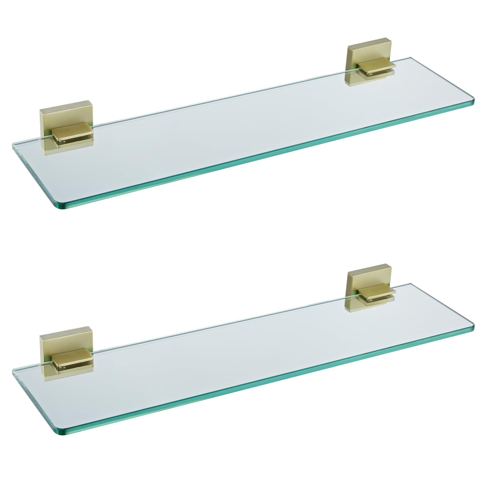 KOKOSIRI Wall Shelves Floating Bathroom Glass Shelf Kitchen Storage, 16'' x 5.6'' Tempered Glass Wall Mounted Brushed Gold Stainless Steel, 2 Pack B1106BG-L16-P2