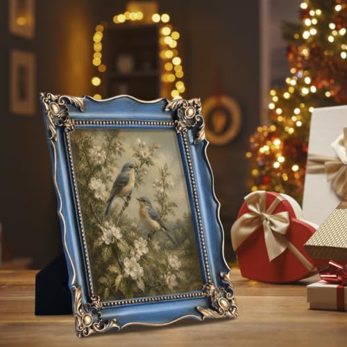 Image of Saysmile 8x10 Vintage Picture Frame with Embossed Flower Design, Green Ornate Frame for 8x10 or 5x7 Pictures with White Mat, Hand-Crafted Resin Antique Frames for Tabletop & Wall Hanging, Home Decor (Blue)