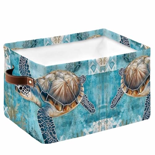 Blue Green Coastal Storage Basket for Shelves, Sea Turtle Ocean