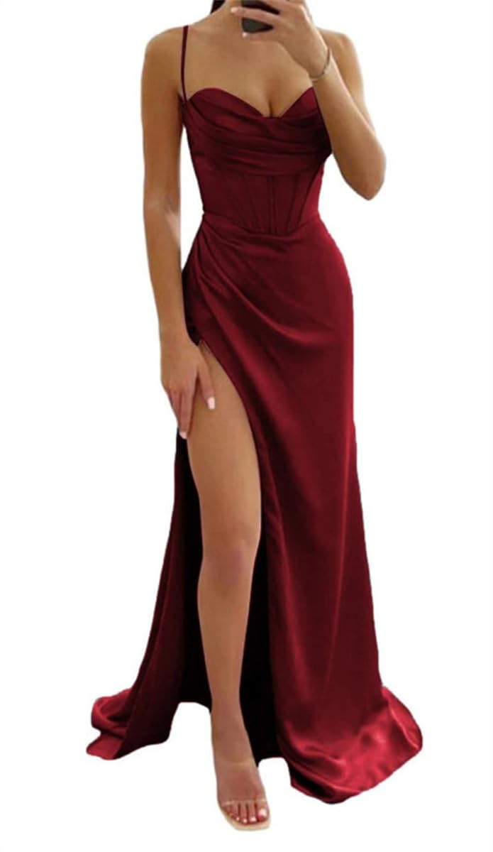 Sayno Women's Burgundy Spaghetti Straps Bridesmaid Dresses With Slit ' Long Modest Mermaid Satin Corset Prom Dresses With Pleat Uk6