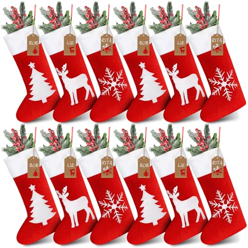 Shinymoon 12 Pack Christmas Stockings Bulk 17.3 Inch Christmas Stockings with Name Tags Buffalo Plaid Stocking Fireplace Hanging Stockings Christmas Ornament for Xmas (Red,Classic)