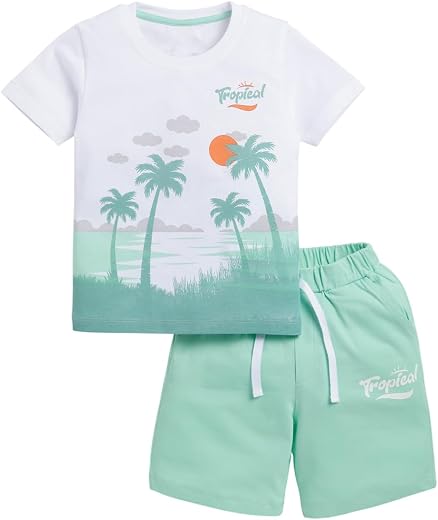 Wojomo Round Neck Pure Cotton Tropical Themed T-Shirt &amp; Shorts Set-6-9M