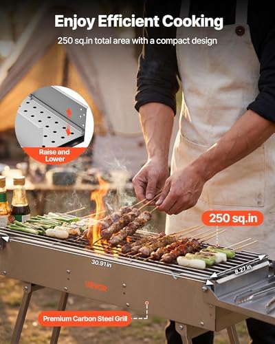 VEVOR Foldable Charcoal Grill, 250 sq.in. Portable Charcoal Barbecue Grill with Liftable Charcoal Tray & Side Tables, Brushed Stainless Steel BBQ Cooking Grills for Outdoor Camping Backyard Parties - 1