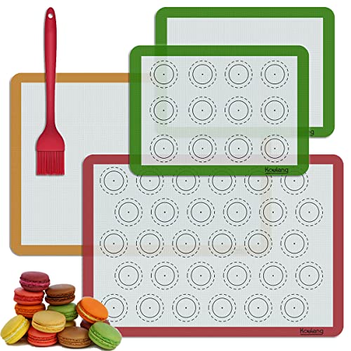 [5 Pack]Silicone Baking Mats Set, Non-Stick Food-Grade Safe Baking Supplies for Macarons/Cookies: 2 Half-Sheet Size+2 Quarter Size+1 Oil Brush[Extra Thick]