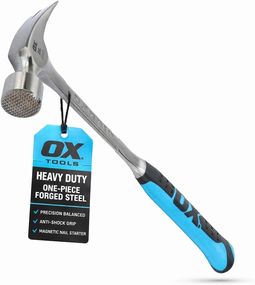 Ox Tools P083428 28 oz. Framing Hammer, Milled Face, Long Shock Reduction Handle, Straight Rip Claw, Non-Slip Grip…