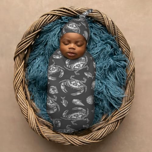 Image of Seafood Crab Newborn Swaddle Blanket with Beanie Set Soft Baby Sleep Sack Stretch Adjustable Swaddle Wraps Receiving Blankets