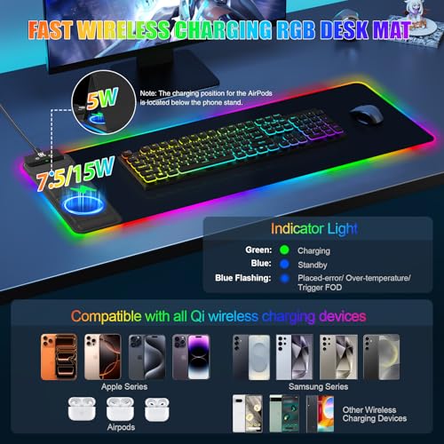Image of RGB Mouse Pad with Foldable Phone Stand Wireless Charger, 31.5 inchx11.8 inch XL Gaming Mousepad Large Desk Mat, Desk Pad with 11 Colors 5 Modes, Waterproof