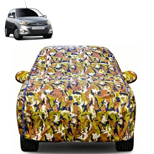 Image of Waterproof Car Body Cover for Hyundai i10 with Mirror Pocket| Cotton Inner Lining | Triple Stitched | All Weather Protection | Dust, UV & Rain Proof (Camouflage with Blue Piping)